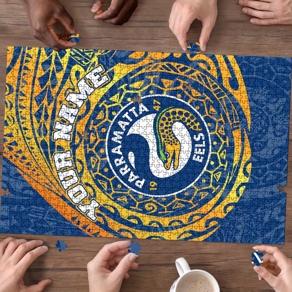 Personalized Parramatta Eels Puzzle Polynesian Tribal Chest and Sleeve Tattoo