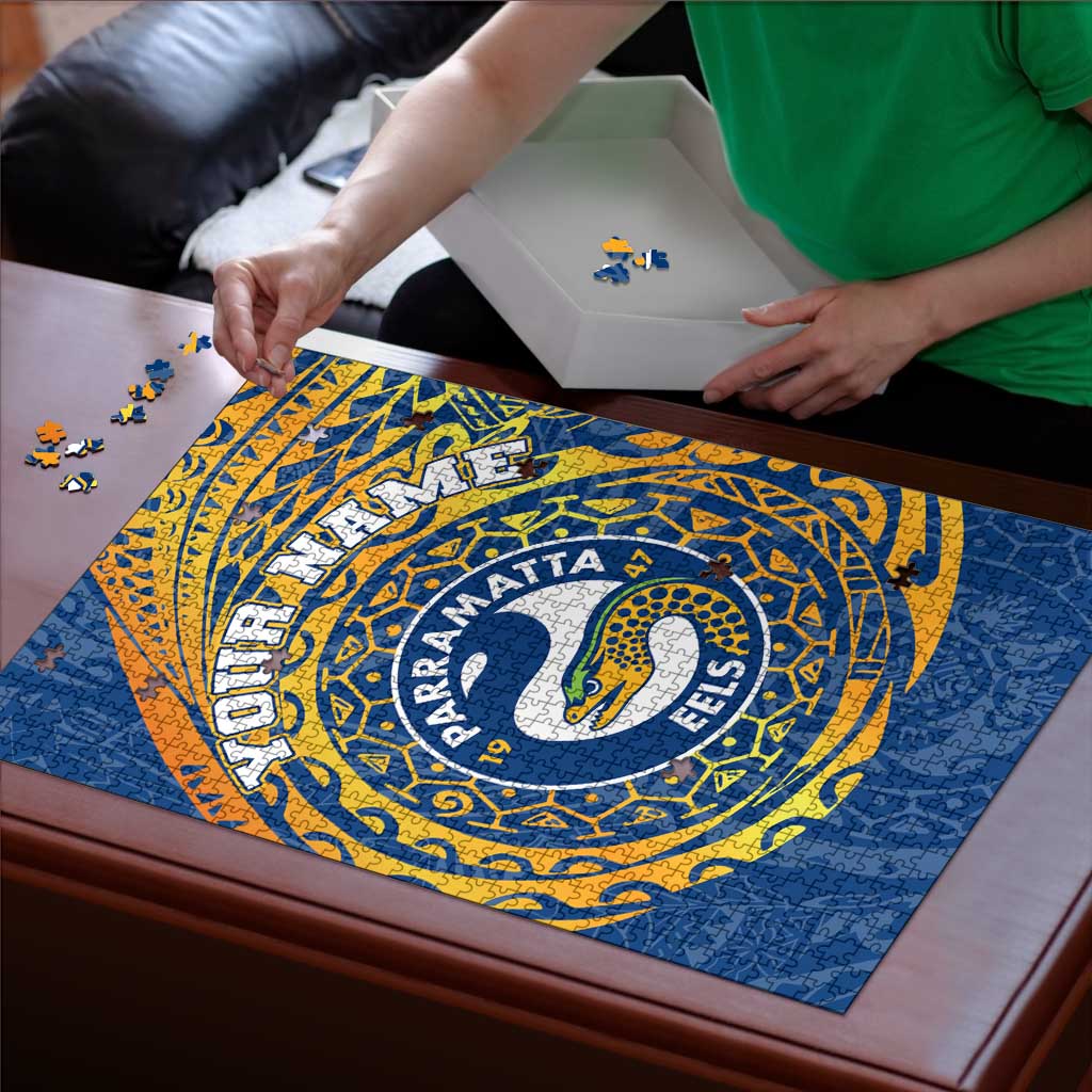 Personalized Parramatta Eels Puzzle Polynesian Tribal Chest and Sleeve Tattoo