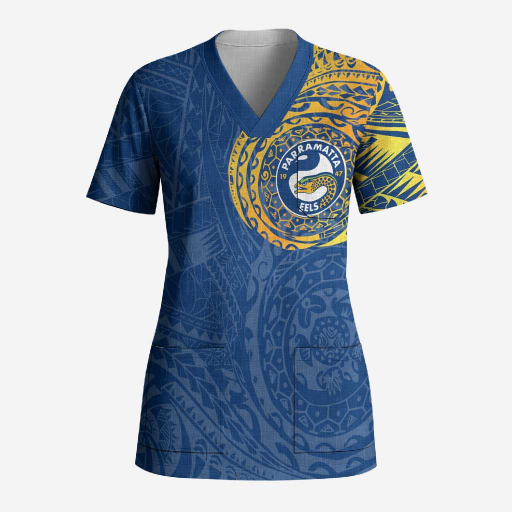 Personalized Parramatta Eels Scrub Top Polynesian Tribal Chest and Sleeve Tattoo