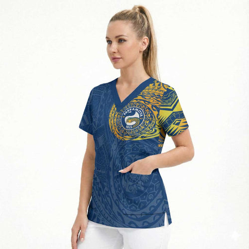Personalized Parramatta Eels Scrub Top Polynesian Tribal Chest and Sleeve Tattoo