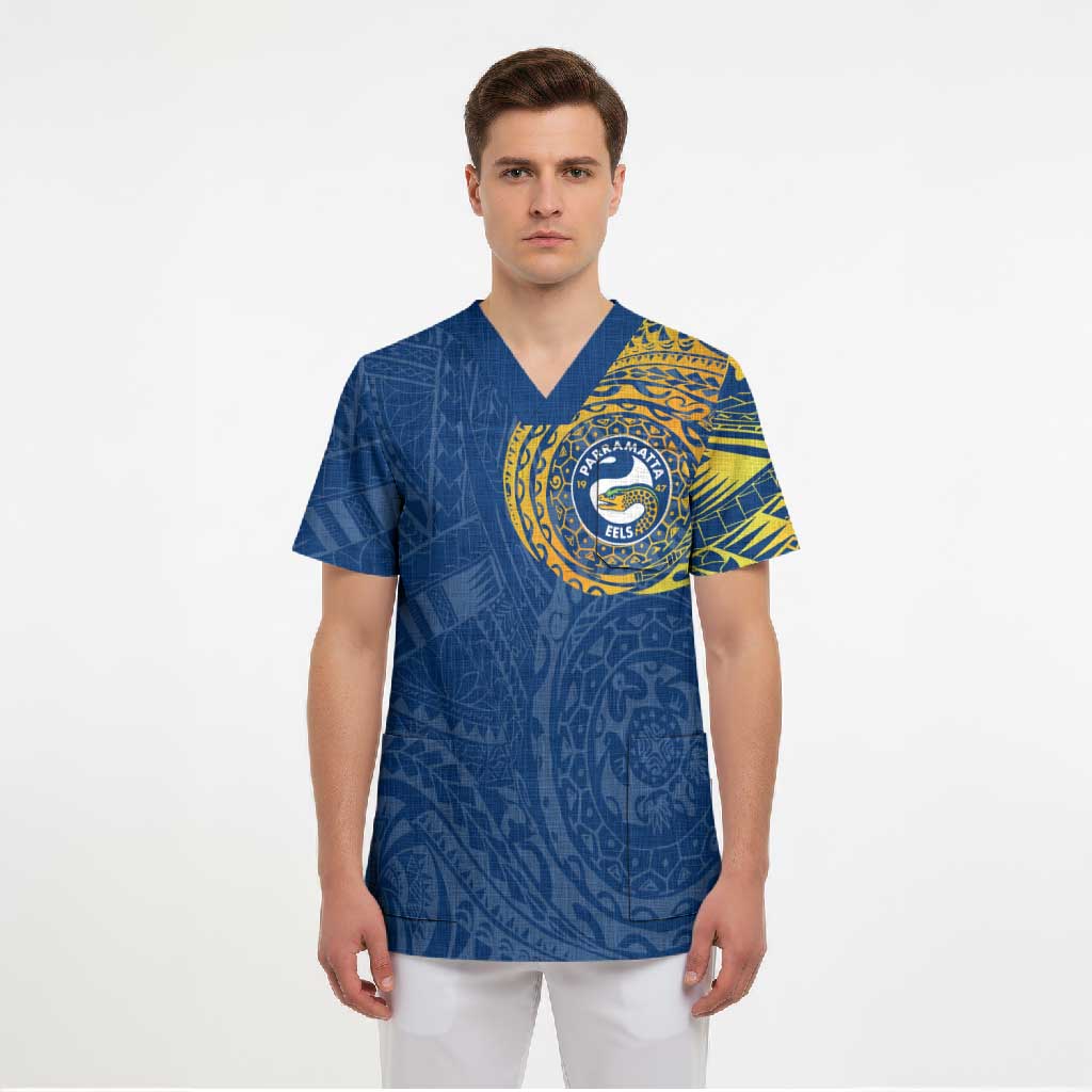Personalized Parramatta Eels Scrub Top Polynesian Tribal Chest and Sleeve Tattoo