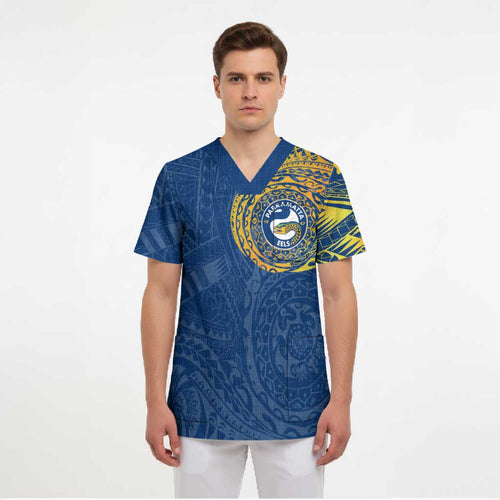 Personalized Parramatta Eels Scrub Top Polynesian Tribal Chest and Sleeve Tattoo