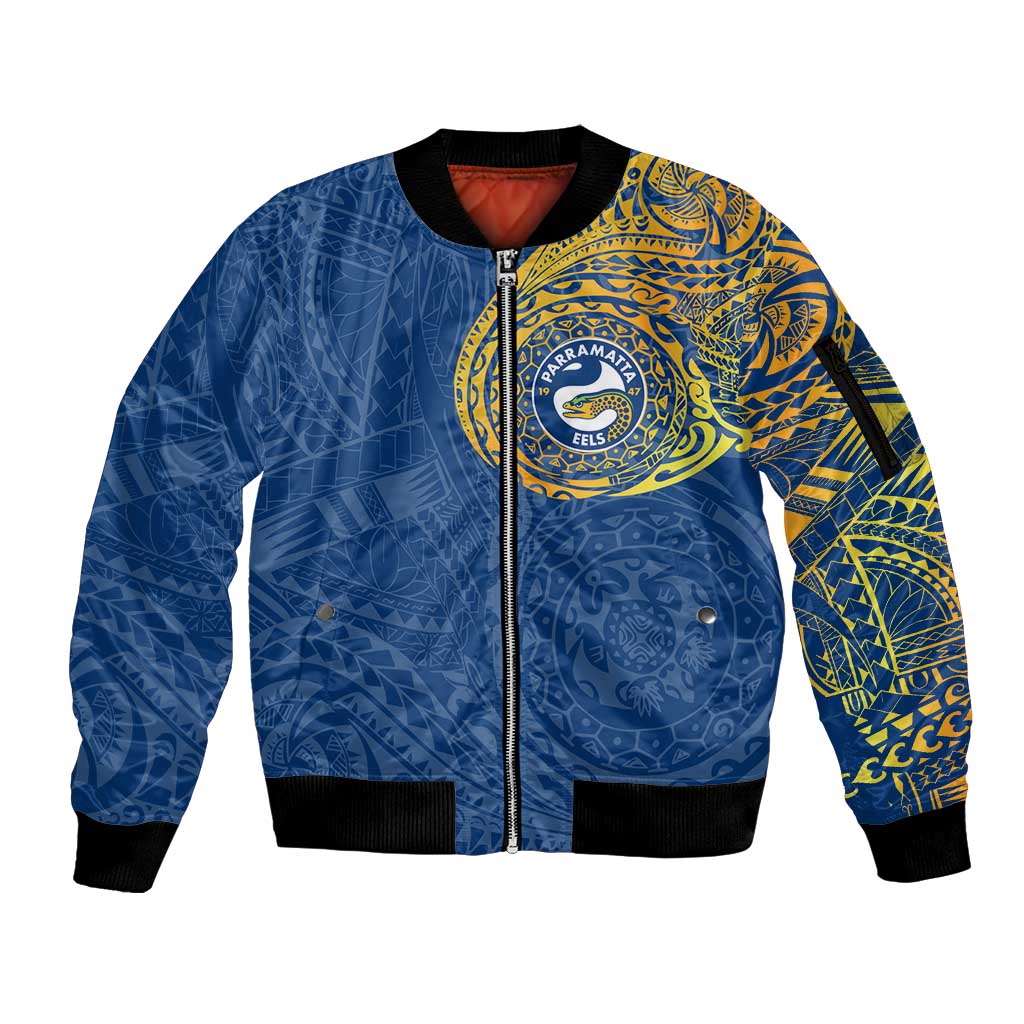 Personalized Parramatta Eels Sleeve Zip Bomber Jacket Polynesian Tribal Chest and Sleeve Tattoo