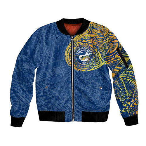 Personalized Parramatta Eels Sleeve Zip Bomber Jacket Polynesian Tribal Chest and Sleeve Tattoo