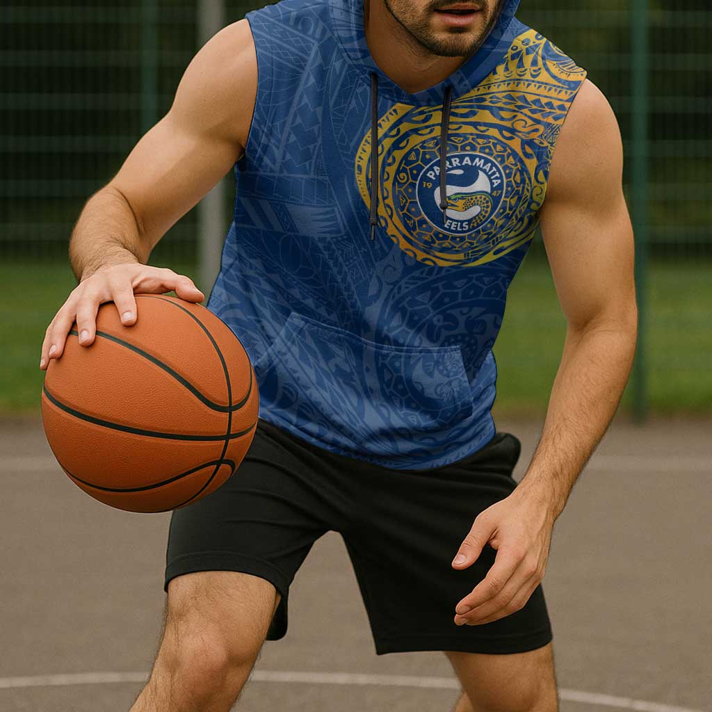 Personalized Parramatta Eels Sleeveless Hoodie Polynesian Tribal Chest and Sleeve Tattoo
