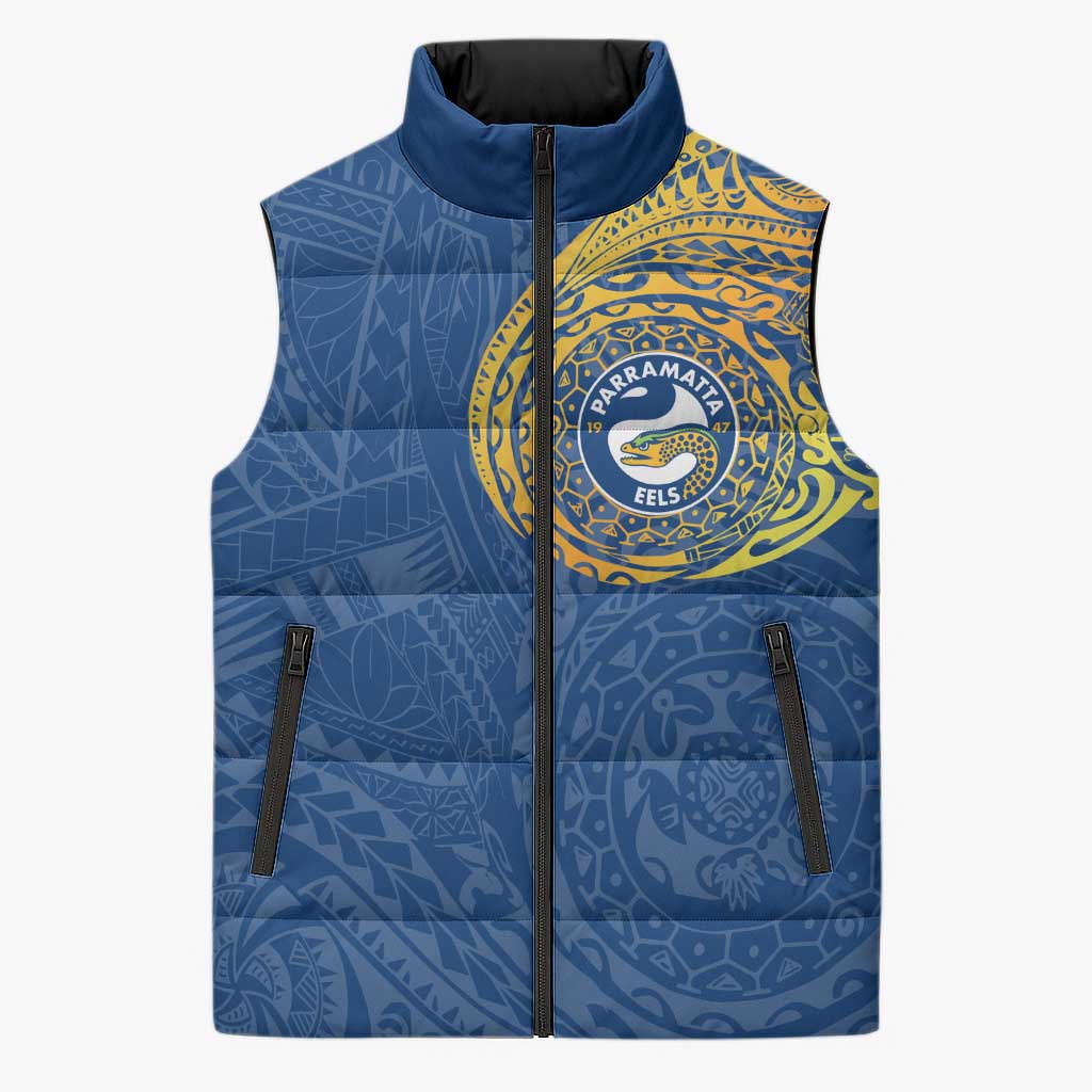 Personalized Parramatta Eels Sleeveless Puffer Jacket Polynesian Tribal Chest and Sleeve Tattoo