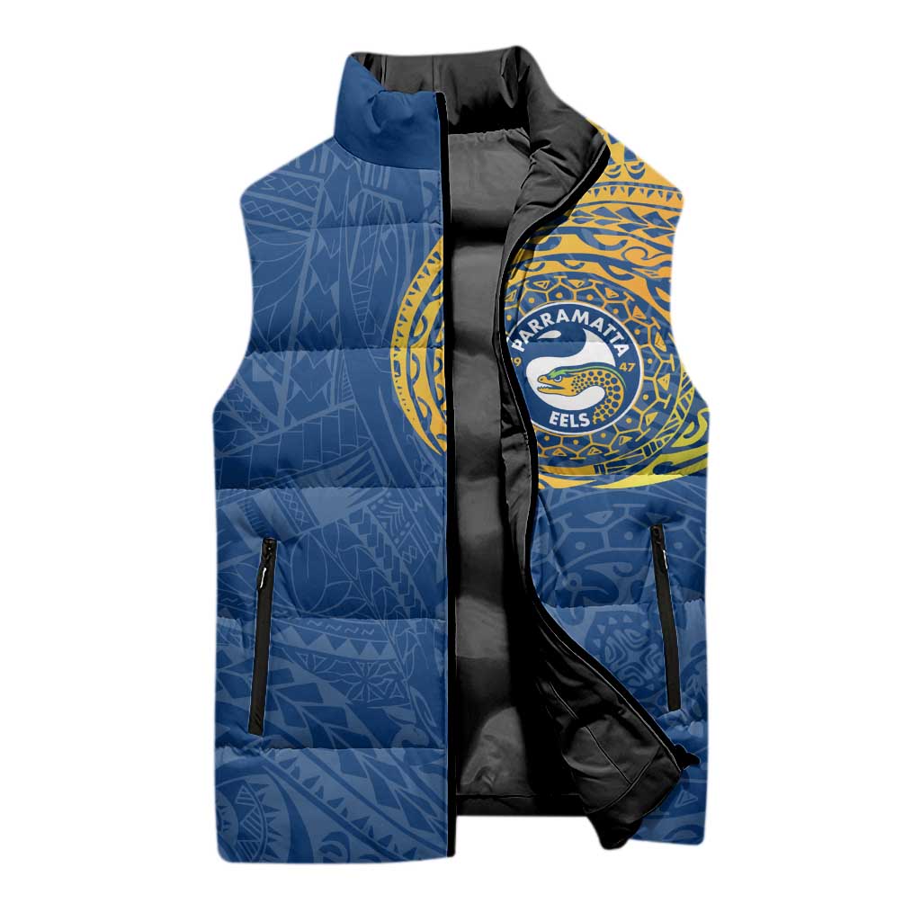 Personalized Parramatta Eels Sleeveless Puffer Jacket Polynesian Tribal Chest and Sleeve Tattoo