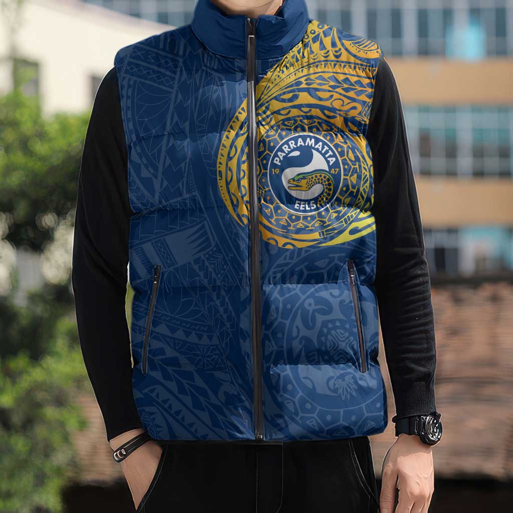 Personalized Parramatta Eels Sleeveless Puffer Jacket Polynesian Tribal Chest and Sleeve Tattoo