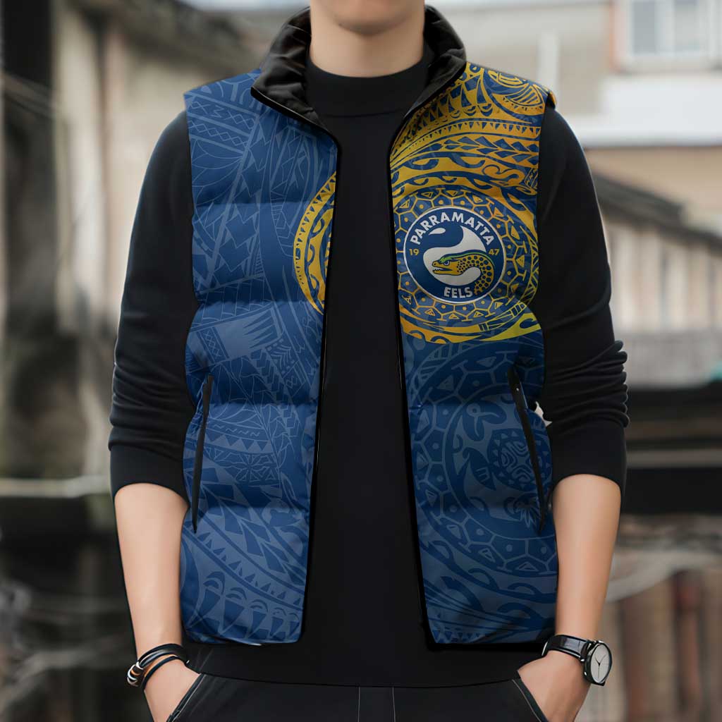 Personalized Parramatta Eels Sleeveless Puffer Jacket Polynesian Tribal Chest and Sleeve Tattoo