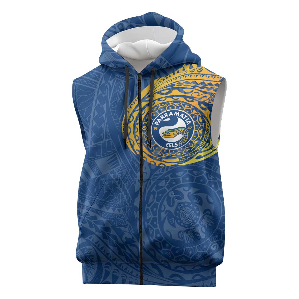 Personalized Parramatta Eels Sleeveless Zip Hoodie Polynesian Tribal Chest and Sleeve Tattoo