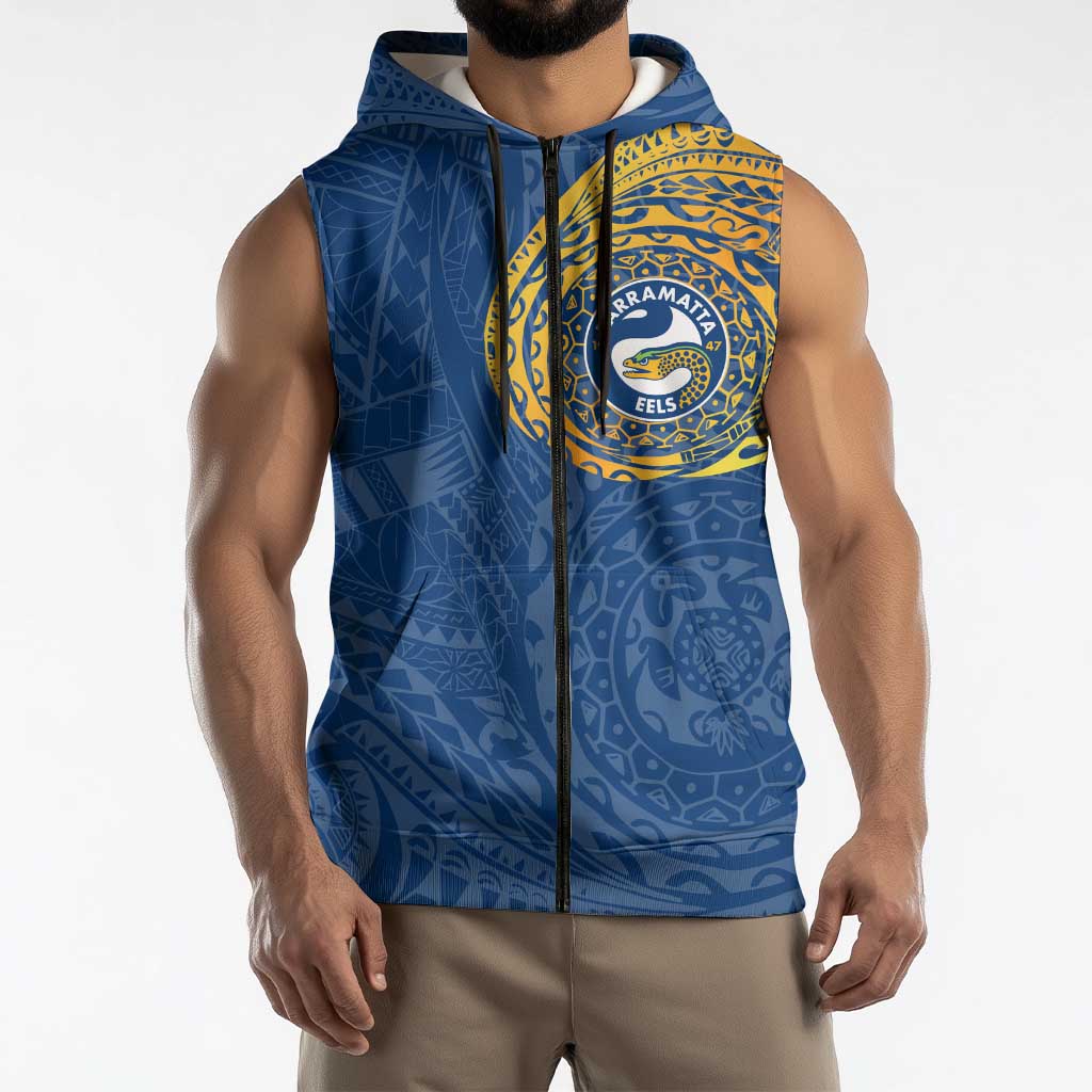 Personalized Parramatta Eels Sleeveless Zip Hoodie Polynesian Tribal Chest and Sleeve Tattoo