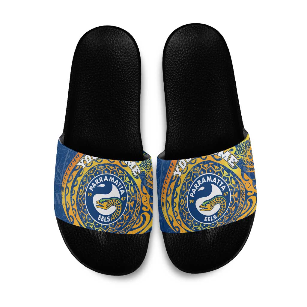 Personalized Parramatta Eels Slide Sandals Polynesian Tribal Chest and Sleeve Tattoo