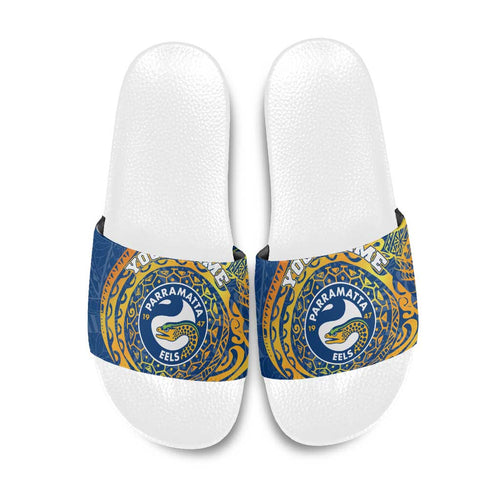 Personalized Parramatta Eels Slide Sandals Polynesian Tribal Chest and Sleeve Tattoo