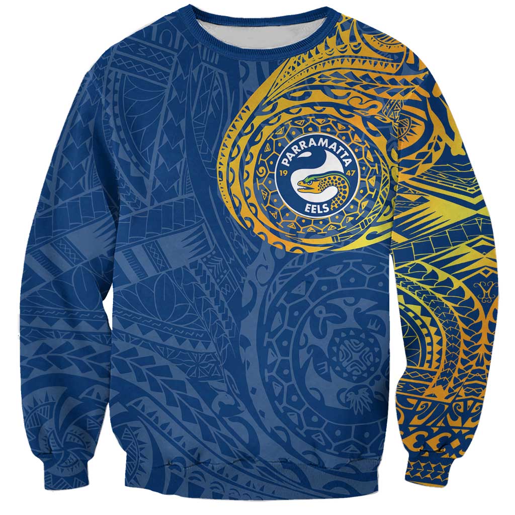 Personalized Parramatta Eels Sweatshirt Polynesian Tribal Chest and Sleeve Tattoo