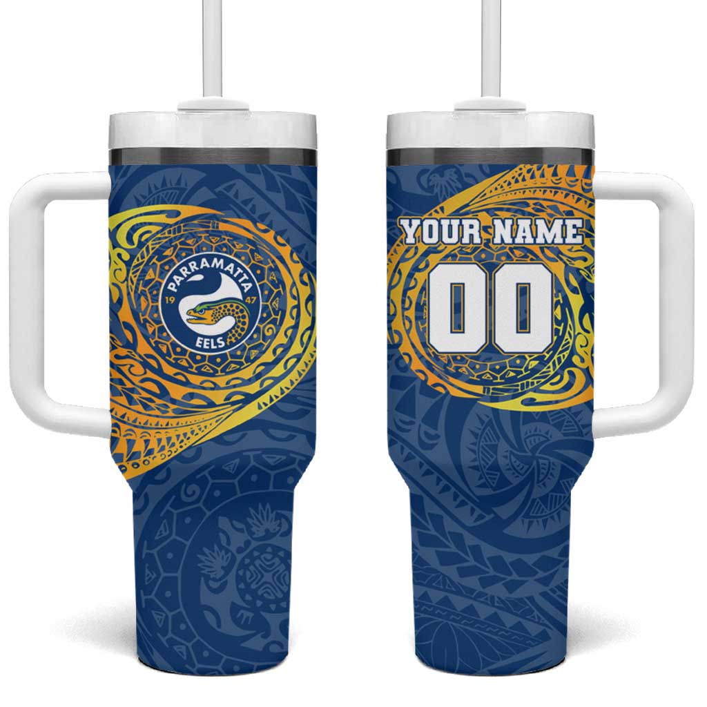 Personalized Parramatta Eels Tumbler With Handle Polynesian Tribal Chest and Sleeve Tattoo