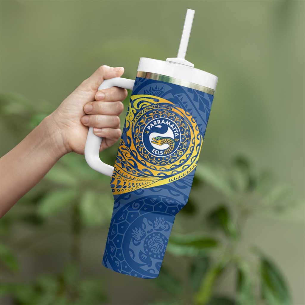 Personalized Parramatta Eels Tumbler With Handle Polynesian Tribal Chest and Sleeve Tattoo