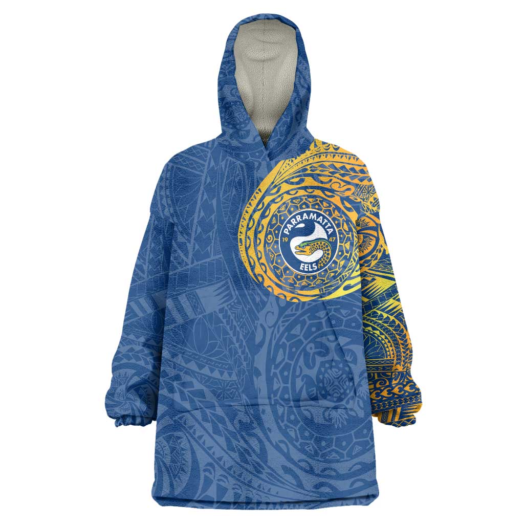 Personalized Parramatta Eels Wearable Blanket Hoodie Polynesian Tribal Chest and Sleeve Tattoo