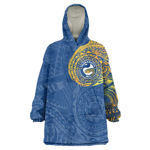 Personalized Parramatta Eels Wearable Blanket Hoodie Polynesian Tribal Chest and Sleeve Tattoo