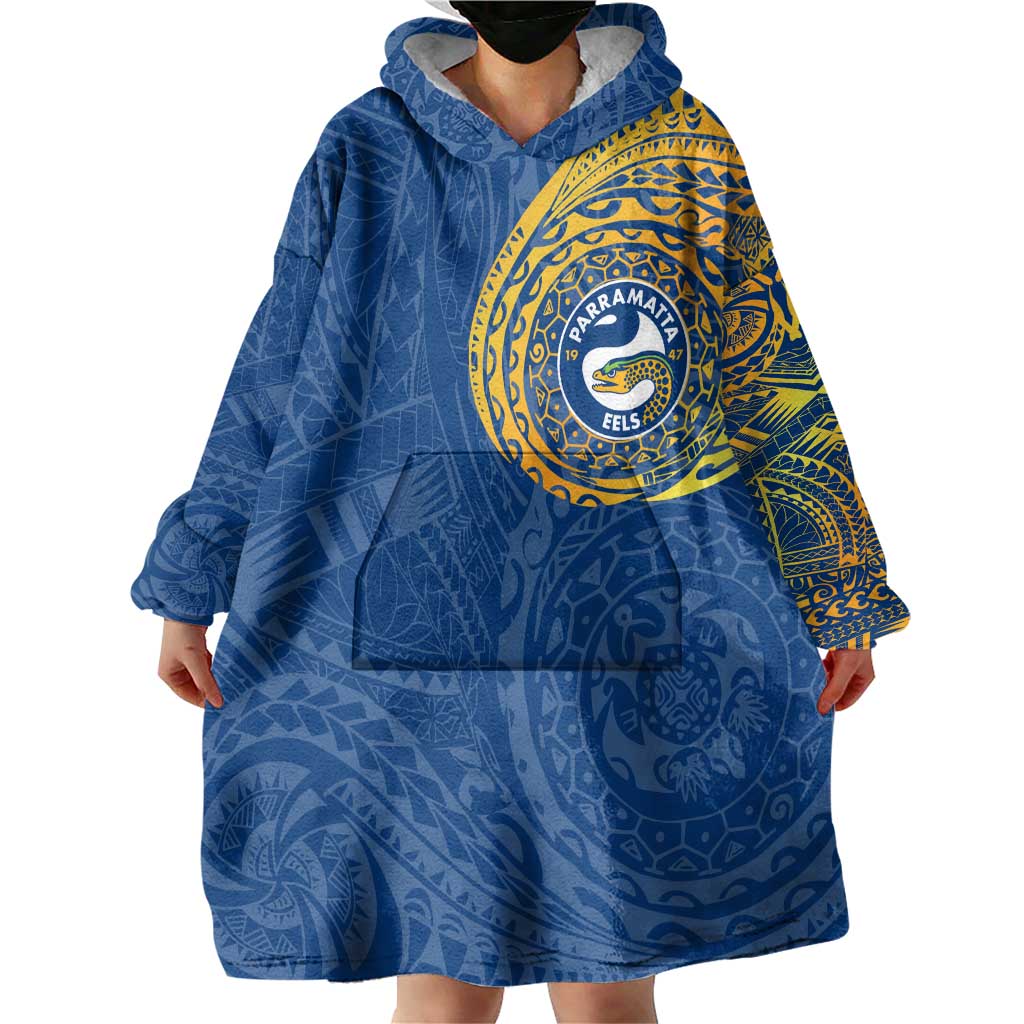 Personalized Parramatta Eels Wearable Blanket Hoodie Polynesian Tribal Chest and Sleeve Tattoo