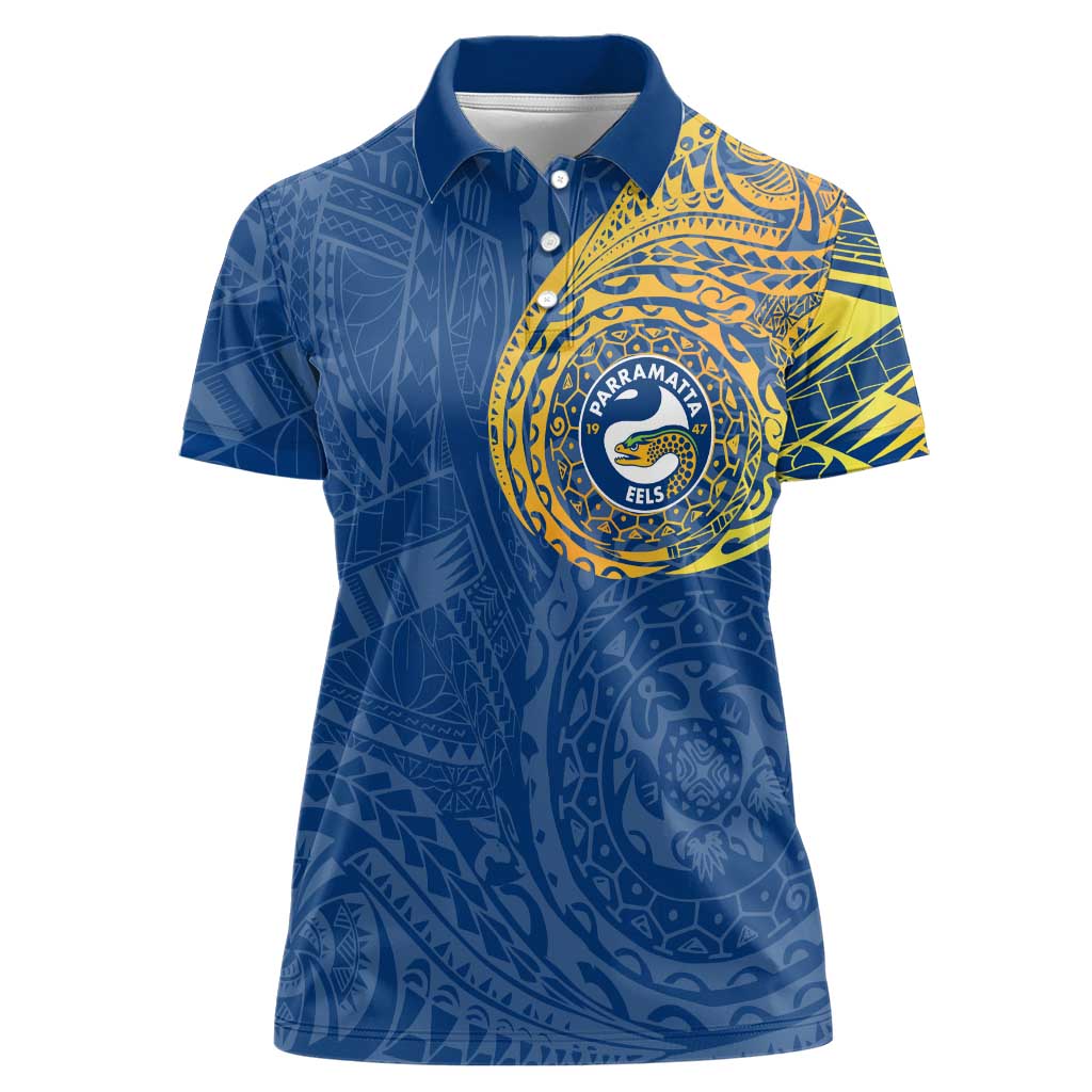 Personalized Parramatta Eels Women Polo Shirt Polynesian Tribal Chest and Sleeve Tattoo