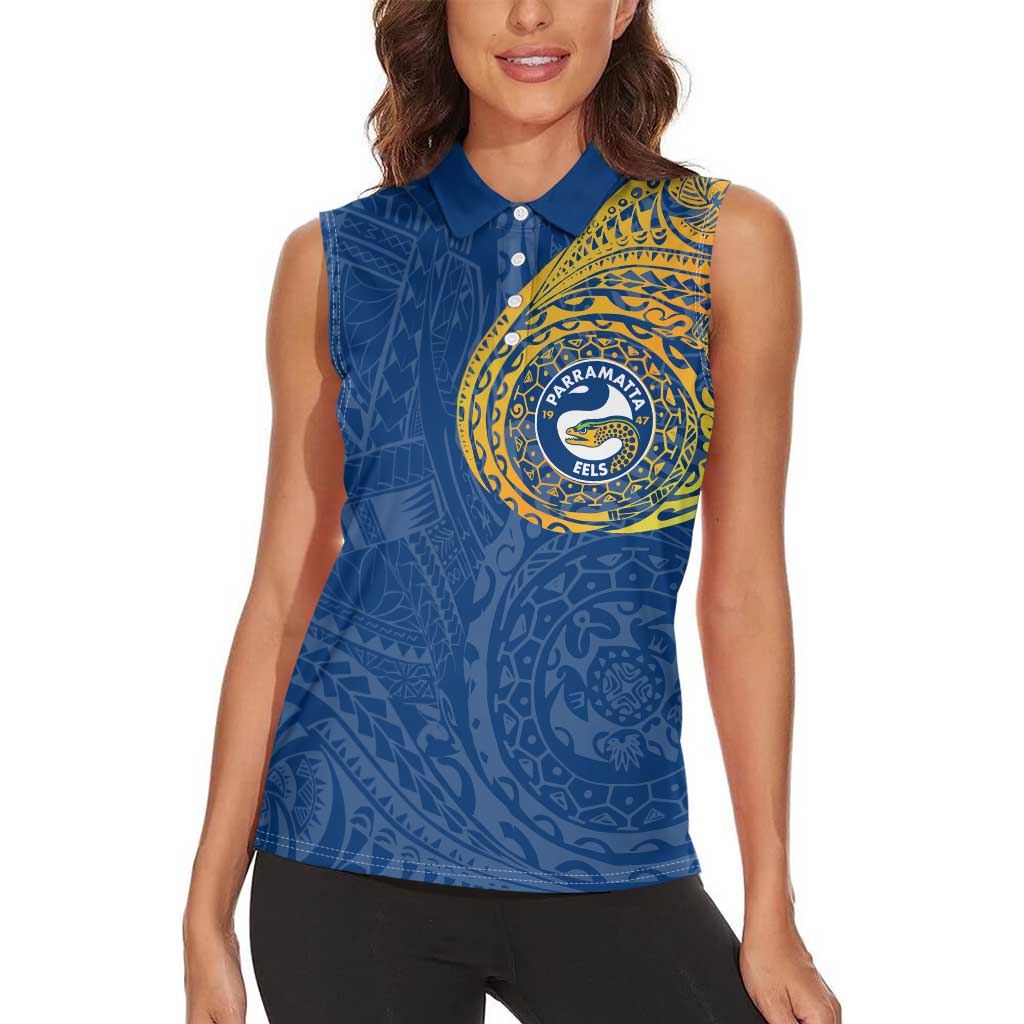 Personalized Parramatta Eels Women Sleeveless Polo Shirt Polynesian Tribal Chest and Sleeve Tattoo