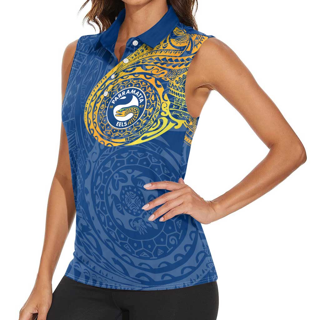 Personalized Parramatta Eels Women Sleeveless Polo Shirt Polynesian Tribal Chest and Sleeve Tattoo