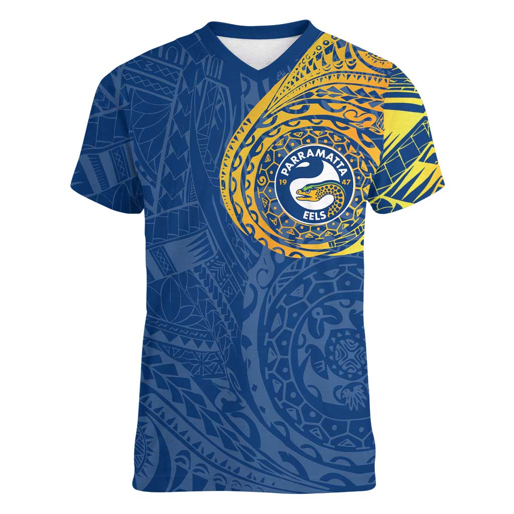 Personalized Parramatta Eels Women V-Neck T-Shirt Polynesian Tribal Chest and Sleeve Tattoo
