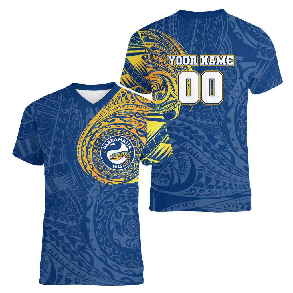 Personalized Parramatta Eels Women V-Neck T-Shirt Polynesian Tribal Chest and Sleeve Tattoo