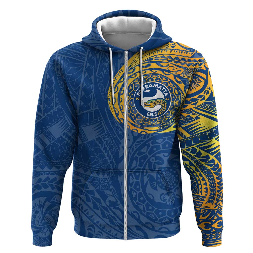 Personalized Parramatta Eels Zip Hoodie Polynesian Tribal Chest and Sleeve Tattoo