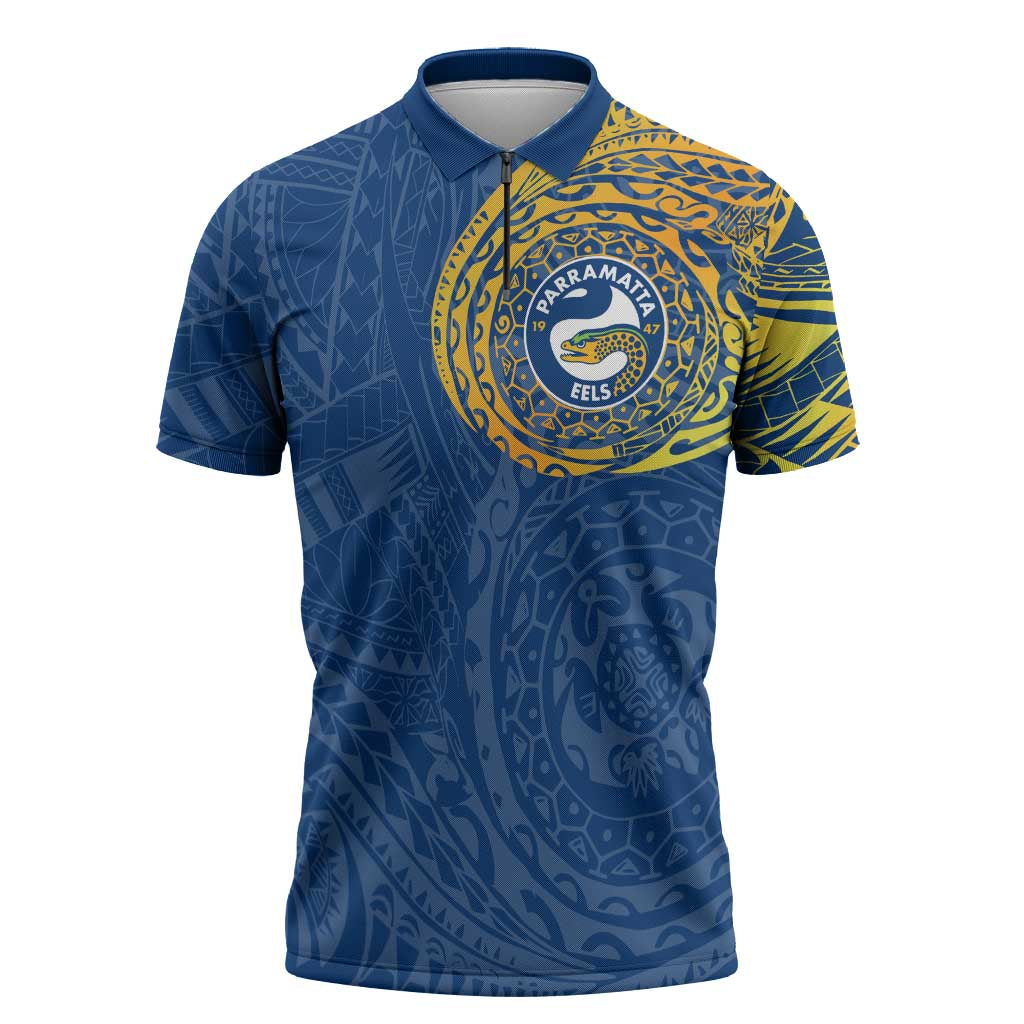 Personalized Parramatta Eels Zipper Polo Shirt Polynesian Tribal Chest and Sleeve Tattoo
