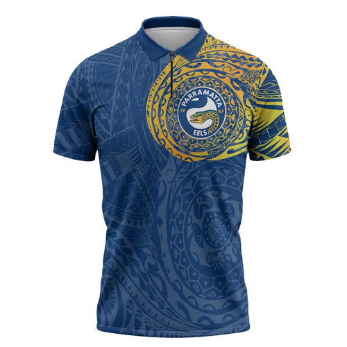 Personalized Parramatta Eels Zipper Polo Shirt Polynesian Tribal Chest and Sleeve Tattoo