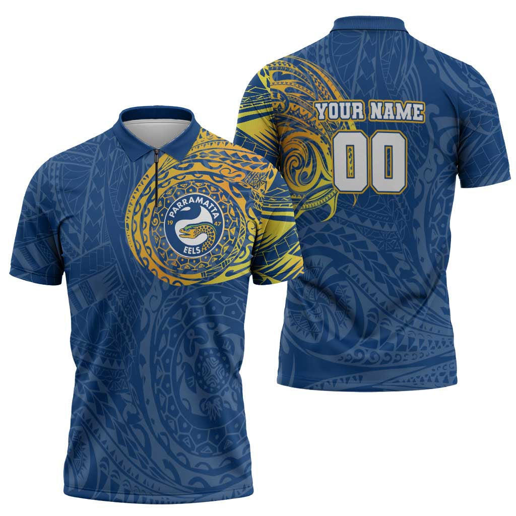 Personalized Parramatta Eels Zipper Polo Shirt Polynesian Tribal Chest and Sleeve Tattoo
