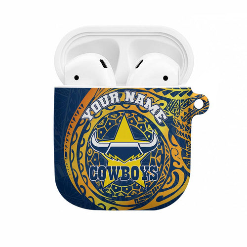 Personalized North Queensland Cowboys AirPods Case Polynesian Tribal Chest and Sleeve Tattoo