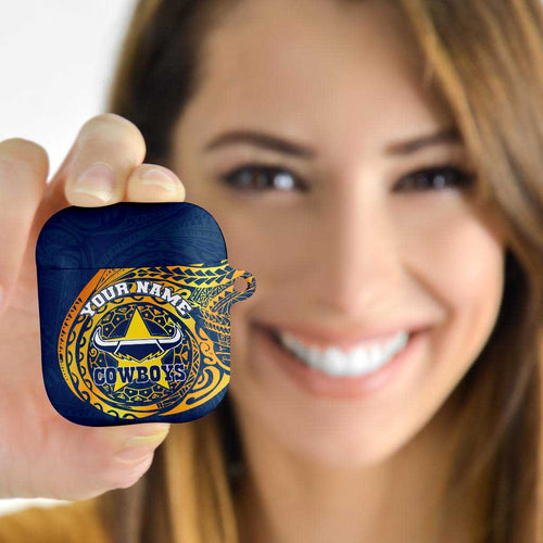 Personalized North Queensland Cowboys AirPods Case Polynesian Tribal Chest and Sleeve Tattoo