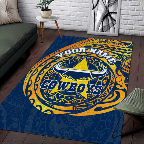 Personalized North Queensland Cowboys Area Rug Polynesian Tribal Chest and Sleeve Tattoo