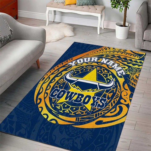 Personalized North Queensland Cowboys Area Rug Polynesian Tribal Chest and Sleeve Tattoo