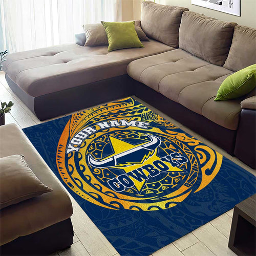 Personalized North Queensland Cowboys Area Rug Polynesian Tribal Chest and Sleeve Tattoo