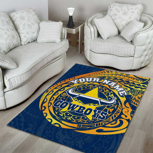 Personalized North Queensland Cowboys Area Rug Polynesian Tribal Chest and Sleeve Tattoo