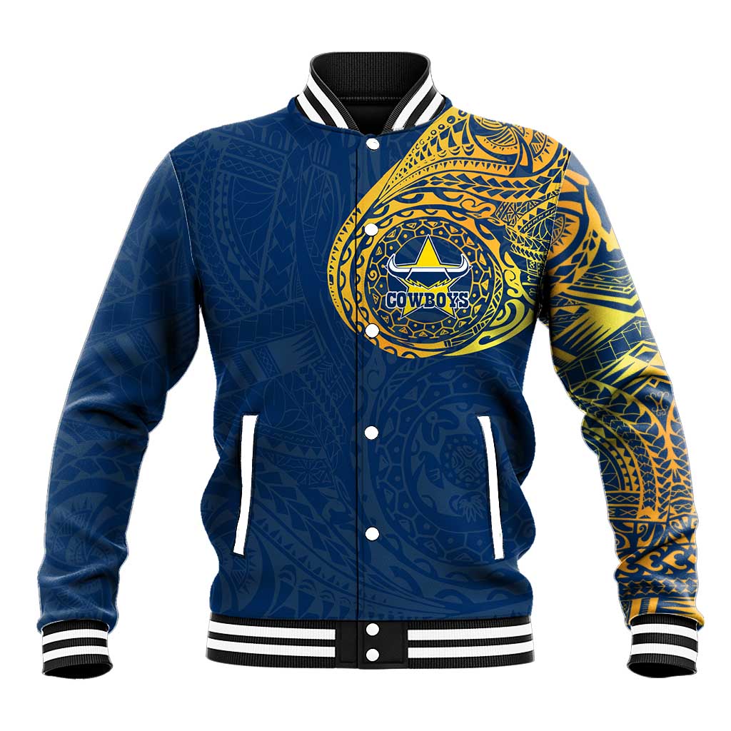 Personalized North Queensland Cowboys Baseball Jacket Polynesian Tribal Chest and Sleeve Tattoo