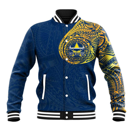 Personalized North Queensland Cowboys Baseball Jacket Polynesian Tribal Chest and Sleeve Tattoo