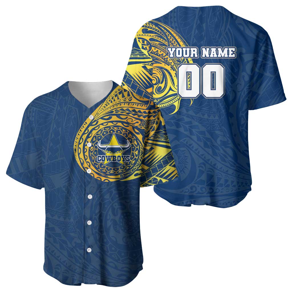 Personalized North Queensland Cowboys Baseball Jersey Polynesian Tribal Chest and Sleeve Tattoo