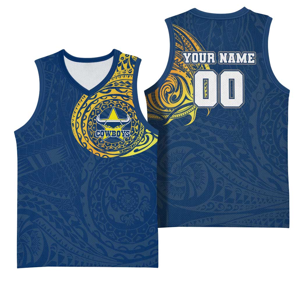 Personalized North Queensland Cowboys Basketball Jersey Polynesian Tribal Chest and Sleeve Tattoo
