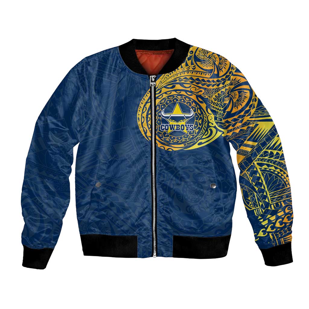 Personalized North Queensland Cowboys Bomber Jacket Polynesian Tribal Chest and Sleeve Tattoo