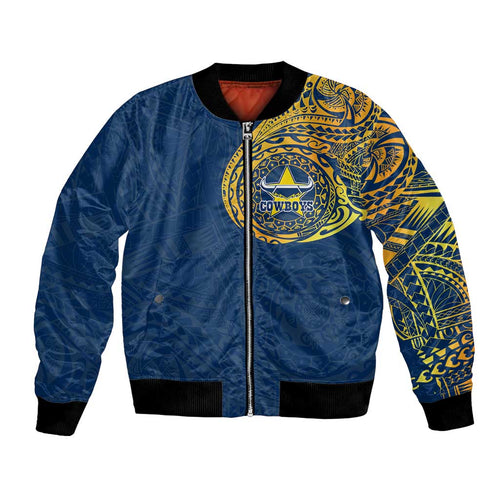 Personalized North Queensland Cowboys Bomber Jacket Polynesian Tribal Chest and Sleeve Tattoo