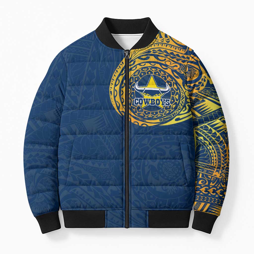 Personalized North Queensland Cowboys Bomber Puffer Jacket Polynesian Tribal Chest and Sleeve Tattoo