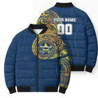 Personalized North Queensland Cowboys Bomber Puffer Jacket Polynesian Tribal Chest and Sleeve Tattoo