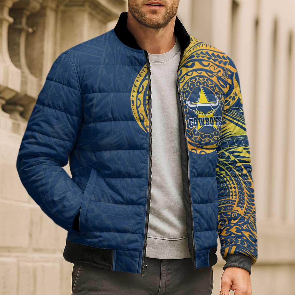 Personalized North Queensland Cowboys Bomber Puffer Jacket Polynesian Tribal Chest and Sleeve Tattoo