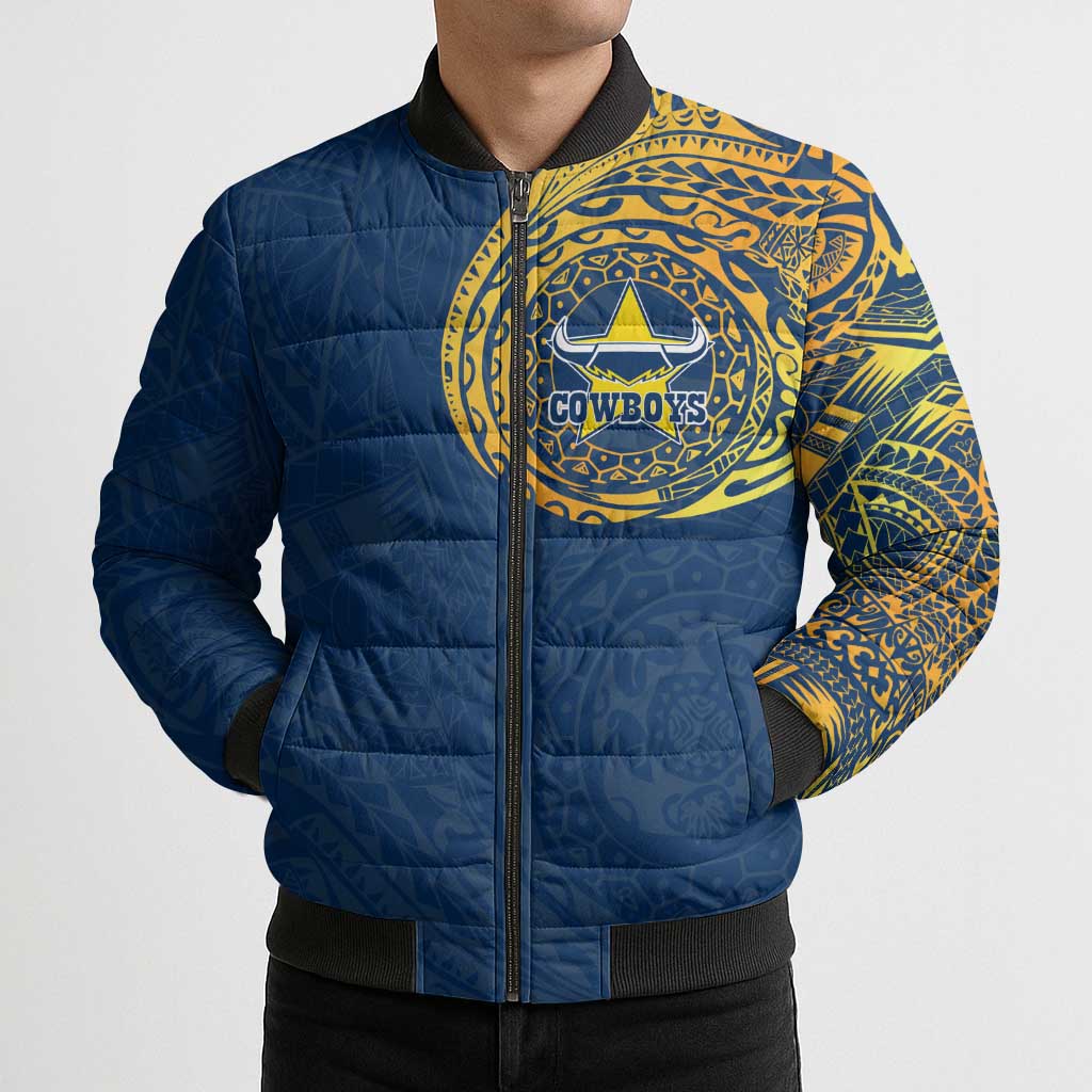 Personalized North Queensland Cowboys Bomber Puffer Jacket Polynesian Tribal Chest and Sleeve Tattoo