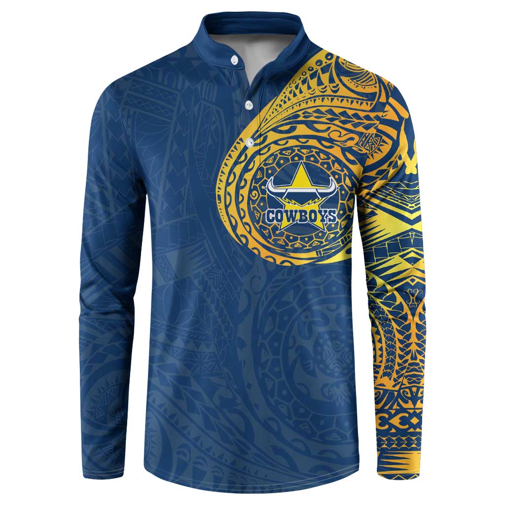 Personalized North Queensland Cowboys Button Sweatshirt Polynesian Tribal Chest and Sleeve Tattoo