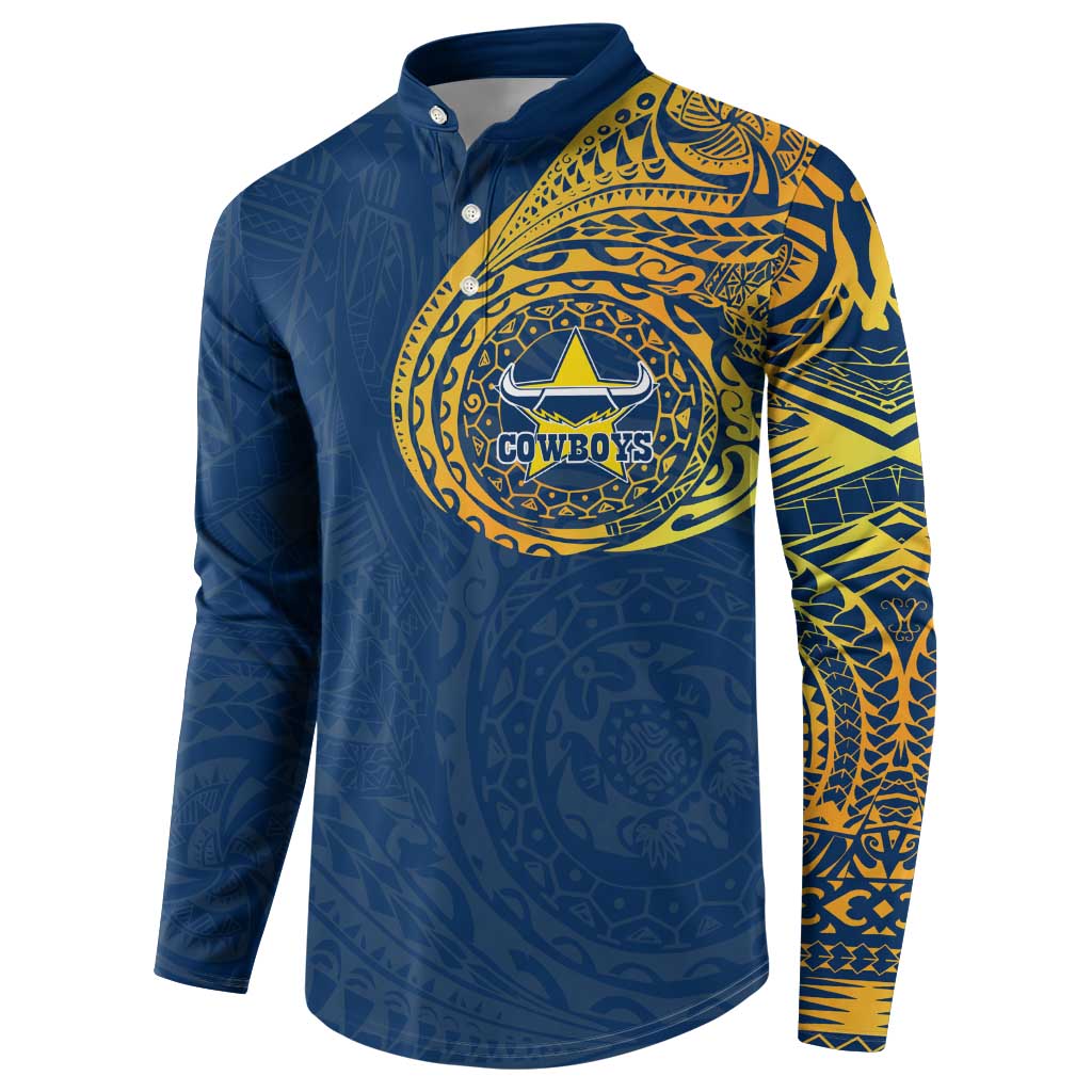 Personalized North Queensland Cowboys Button Sweatshirt Polynesian Tribal Chest and Sleeve Tattoo